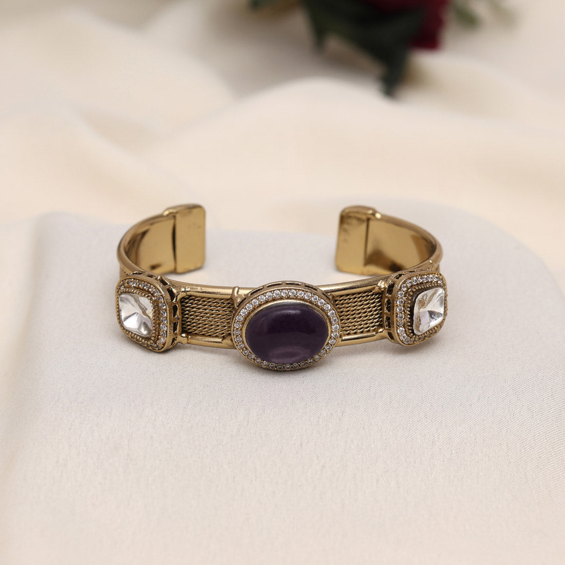 Purple Color Beautiful Handmade Handcuff Bracelets with Moissanite & Monalisa Stones Apala Polish on Brass Metal (ADB356PRP) - Preyans.com