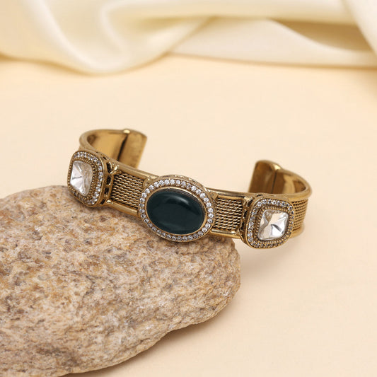 Turquoise Blue Color Beautiful Handmade Handcuff Bracelets with Moissanite & Monalisa Stones Apala Polish on Brass Metal (ADB356TBLU) - Preyans.com