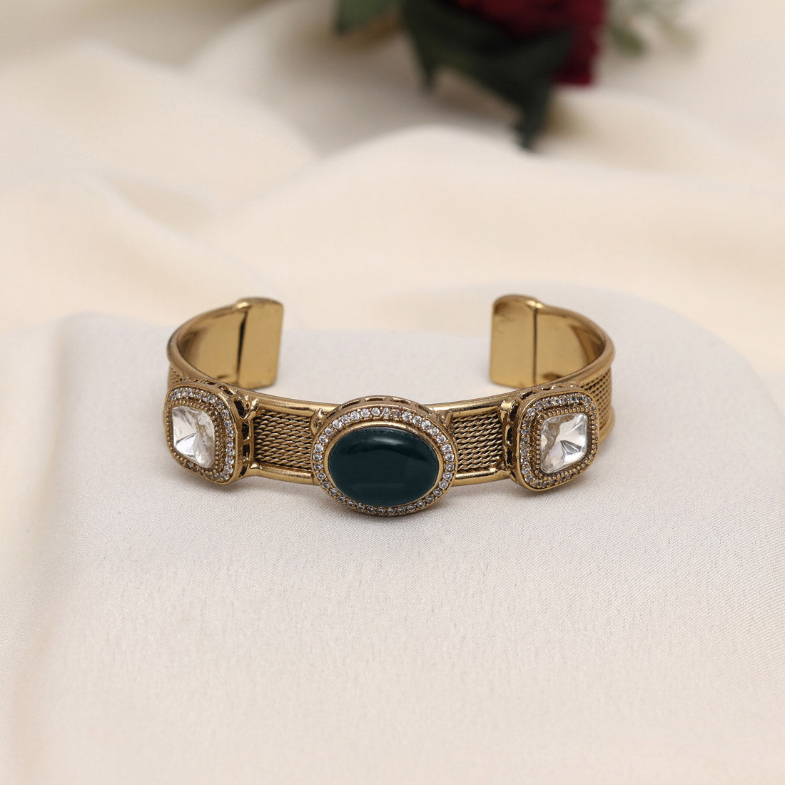 Turquoise Blue Color Beautiful Handmade Handcuff Bracelets with Moissanite & Monalisa Stones Apala Polish on Brass Metal (ADB356TBLU) - Preyans.com