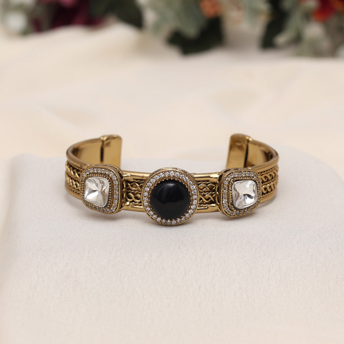 Black Color Beautiful Handmade Handcuff Bracelets with Moissanite & Monalisa Stones Apala Polish on Brass Metal (ADB357BLK) - Preyans.com