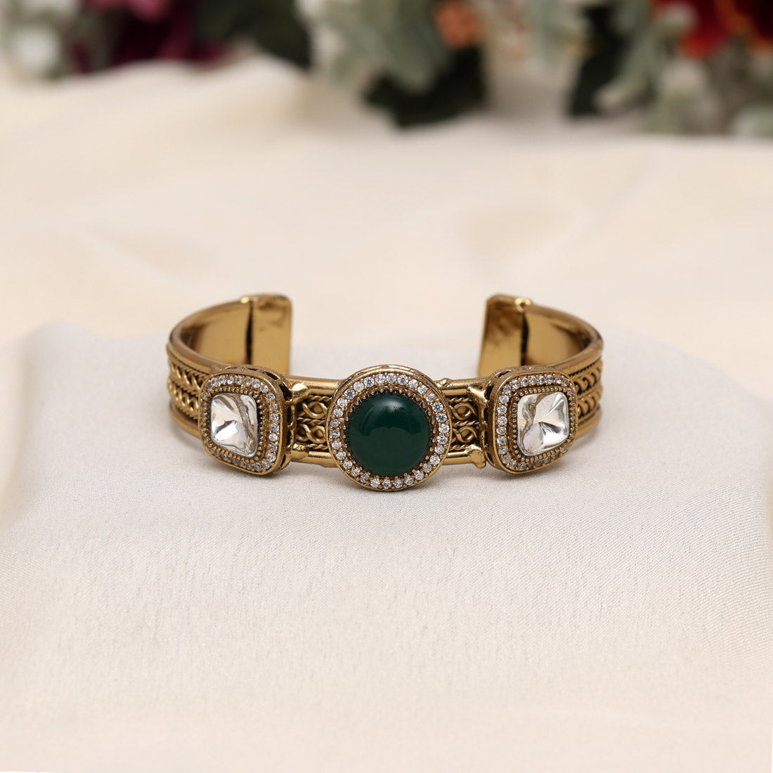 Green Color Beautiful Handmade Handcuff Bracelets with Moissanite & Monalisa Stones Apala Polish on Brass Metal (ADB357GRN) - Preyans.com