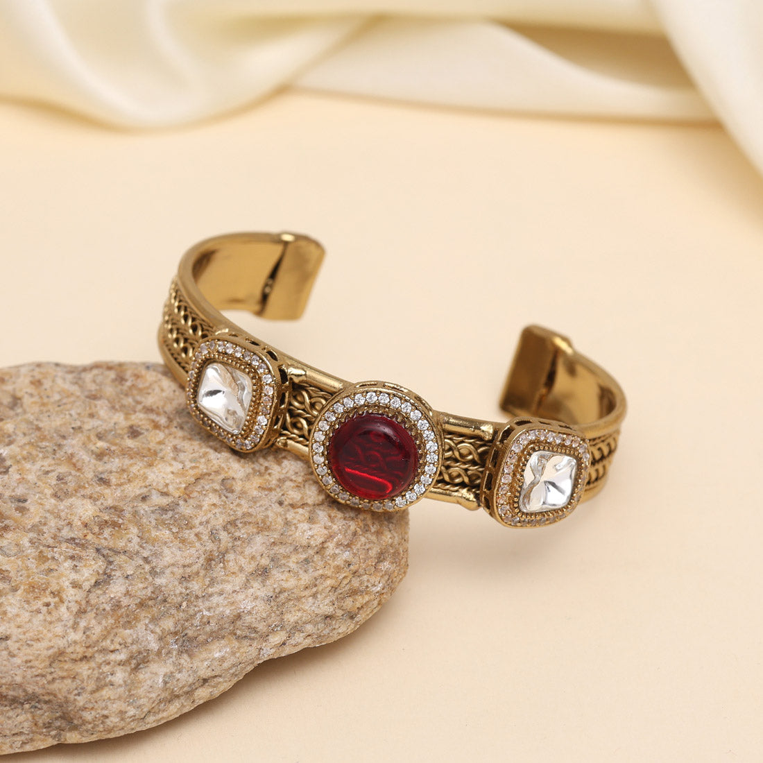 Maroon Color Beautiful Handmade Handcuff Bracelets with Moissanite & Monalisa Stones Apala Polish on Brass Metal (ADB357MRN) - Preyans.com