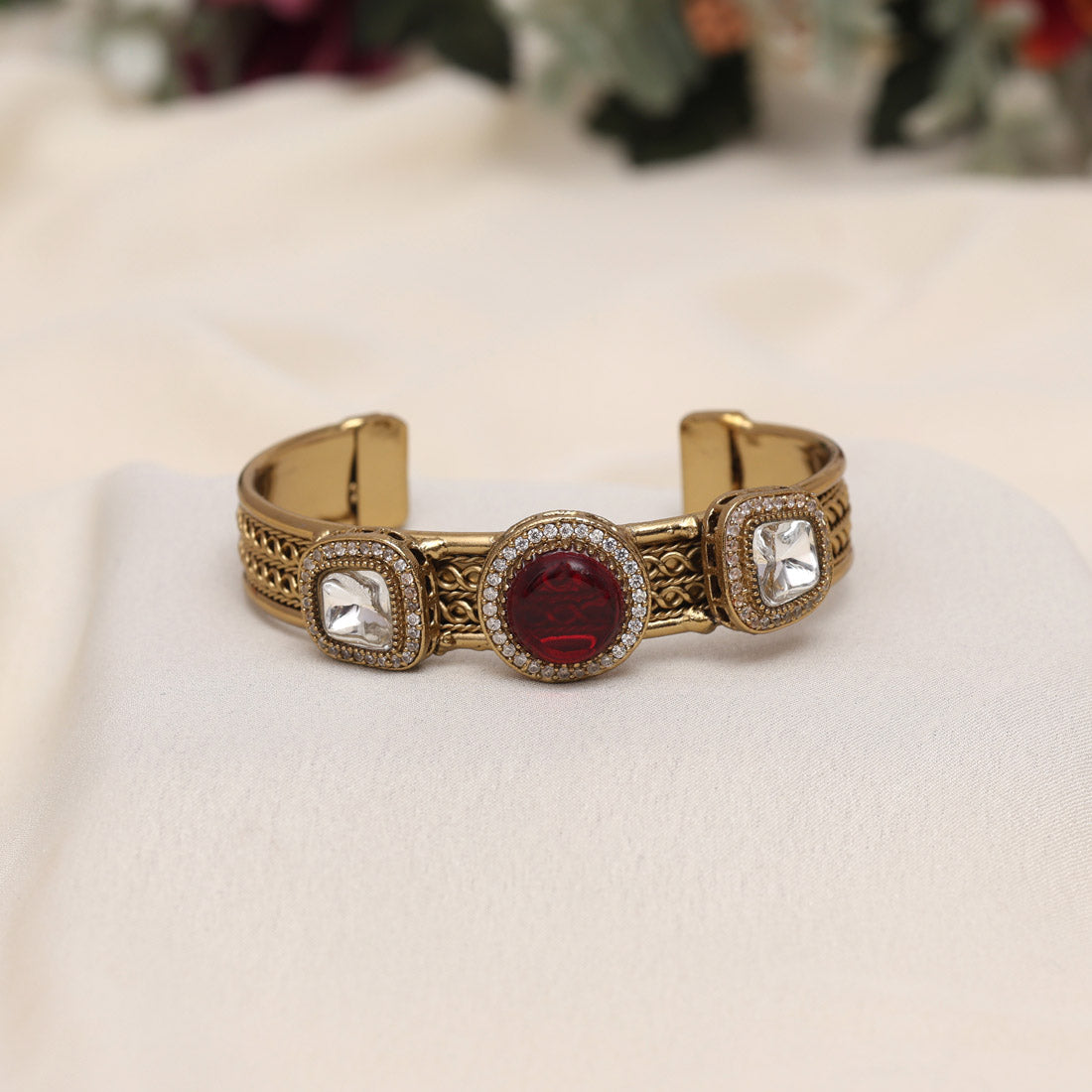 Maroon Color Beautiful Handmade Handcuff Bracelets with Moissanite & Monalisa Stones Apala Polish on Brass Metal (ADB357MRN) - Preyans.com