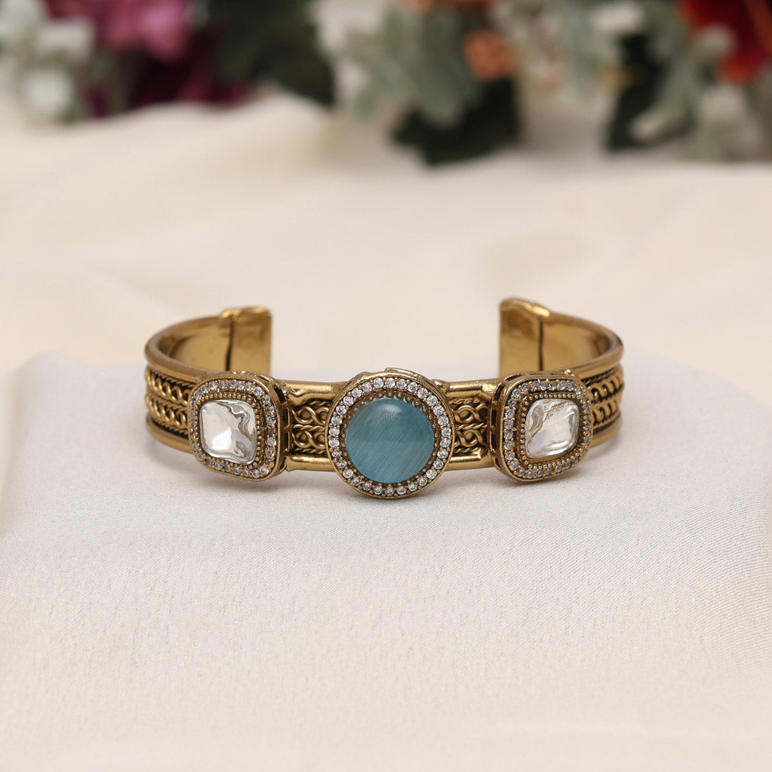 Sky Blue Color Beautiful Handmade Handcuff Bracelets with Moissanite & Monalisa Stones Apala Polish on Brass Metal (ADB357SBLU) - Preyans.com