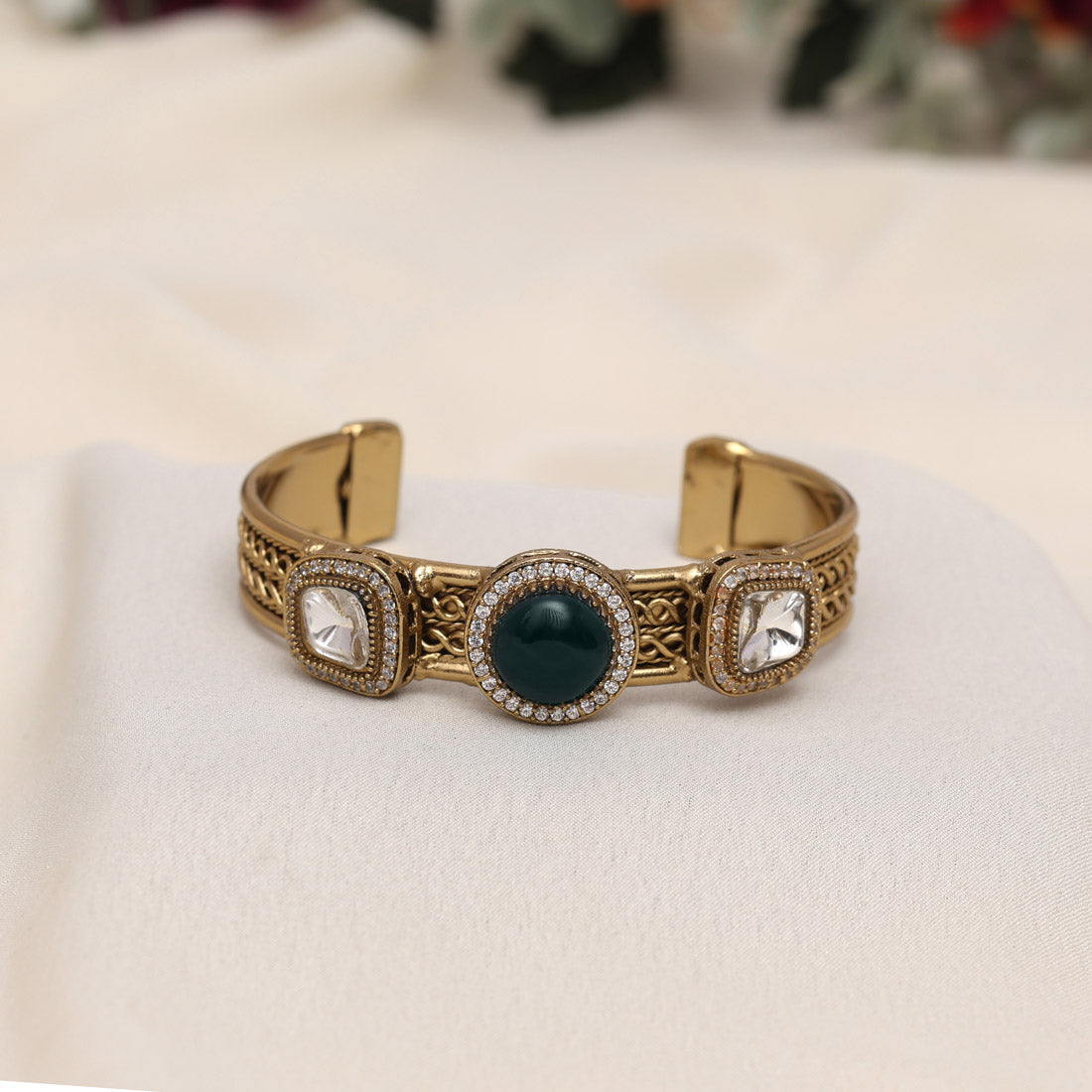 Turquoise Blue Color Beautiful Handmade Handcuff Bracelets with Moissanite & Monalisa Stones Apala Polish on Brass Metal (ADB357TBLU) - Preyans.com