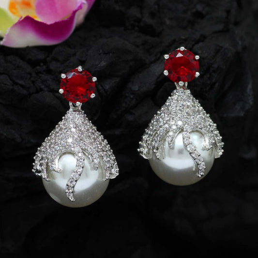 Red Color American Diamond Earrings (ADE175RED) - Preyans.com