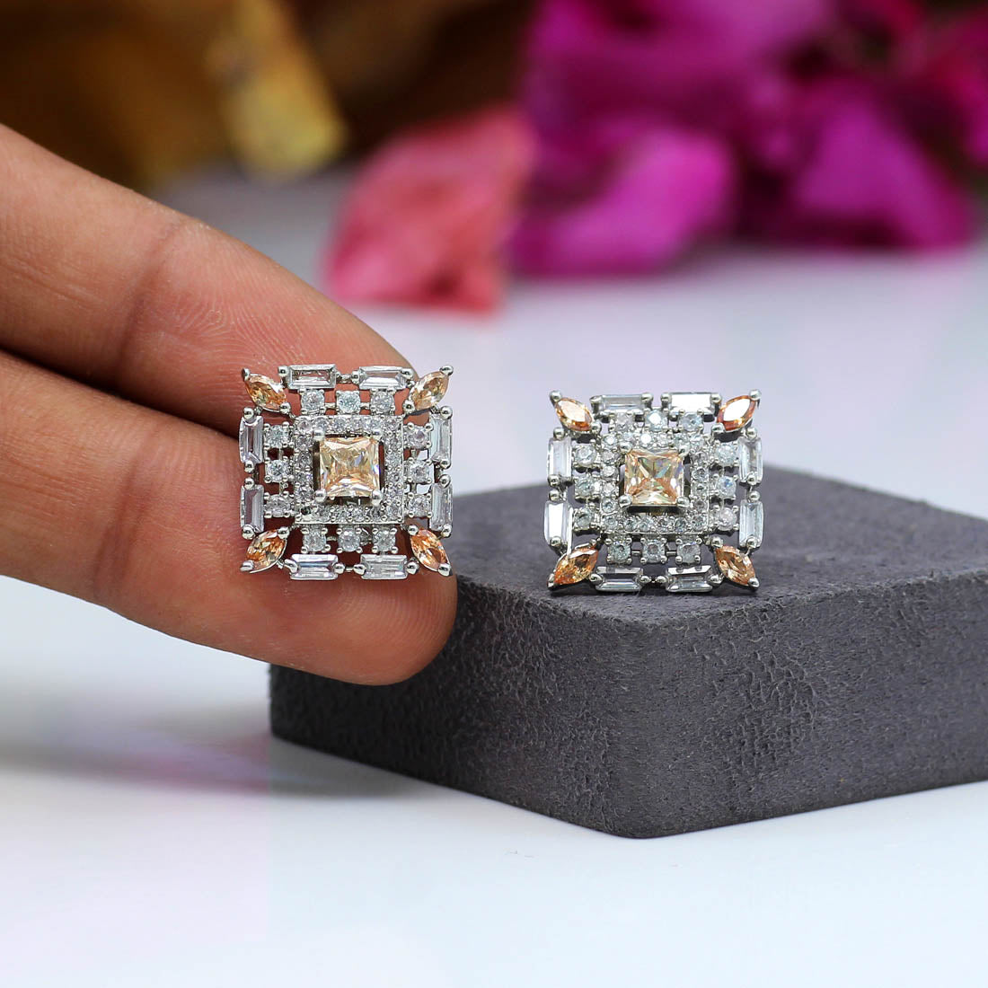 Gold Color American Diamond Earrings (ADE311GLD) - Preyans.com