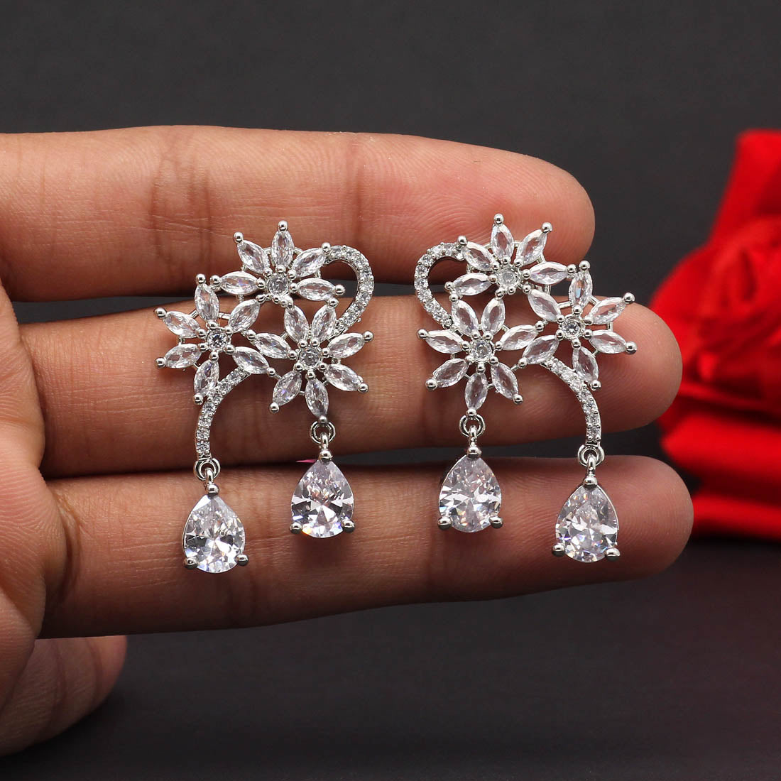 Silver Color American Diamond Earrings (ADE340SLV) - preyans.com