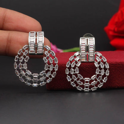 Silver Color Premium American Diamond Earrings (ADE343SLV) - Preyans.com