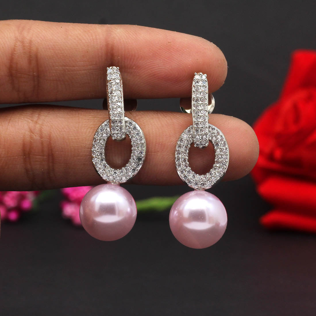 Light Pink Color Premium American Diamond Earrings (ADE350LPNK) - Preyans.com