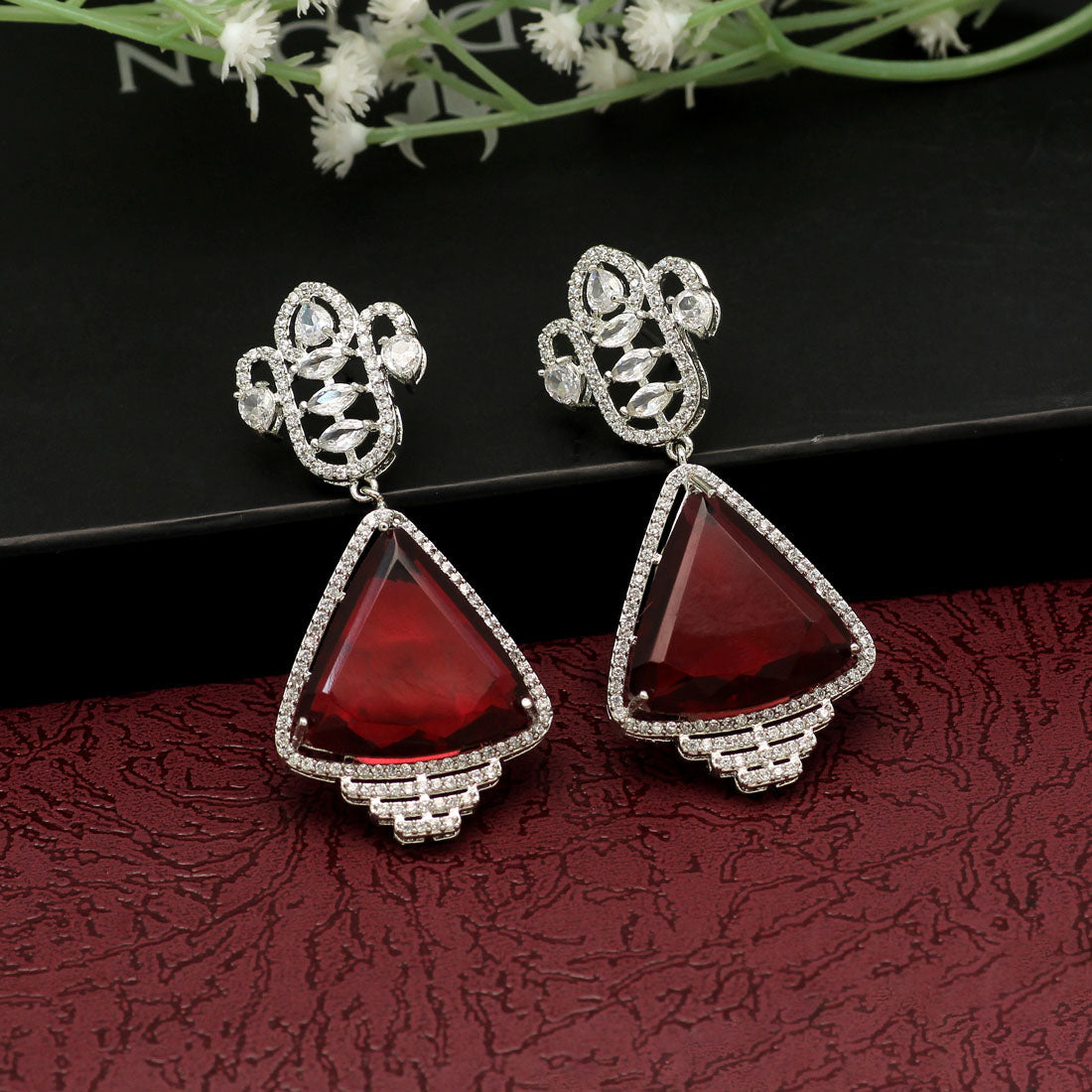 Maroon Color American Diamond Earrings (ADE398MRN) - preyans.com