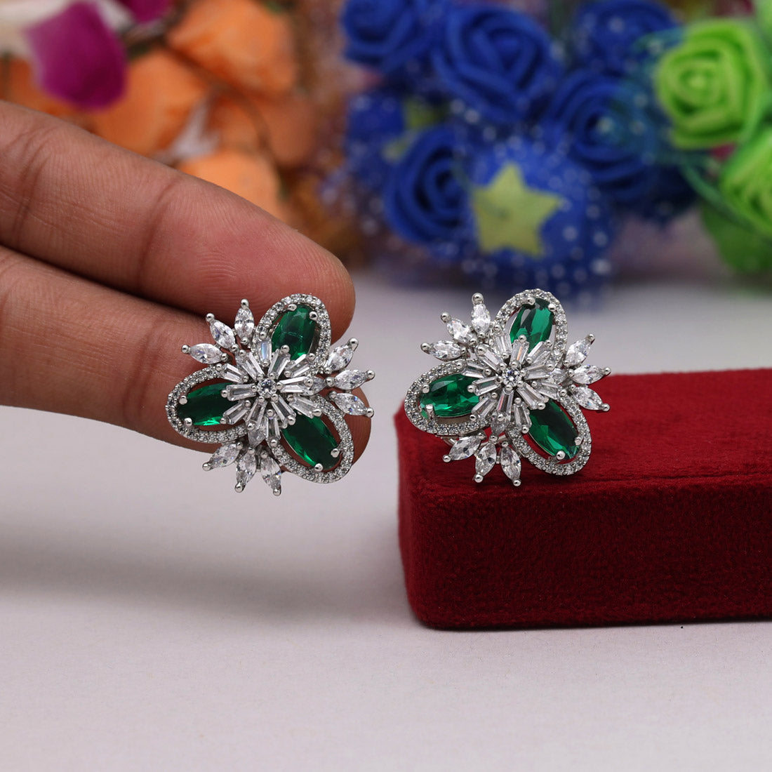 Green Color American Diamond Stud Earrings (ADE422GRN) - preyans.com