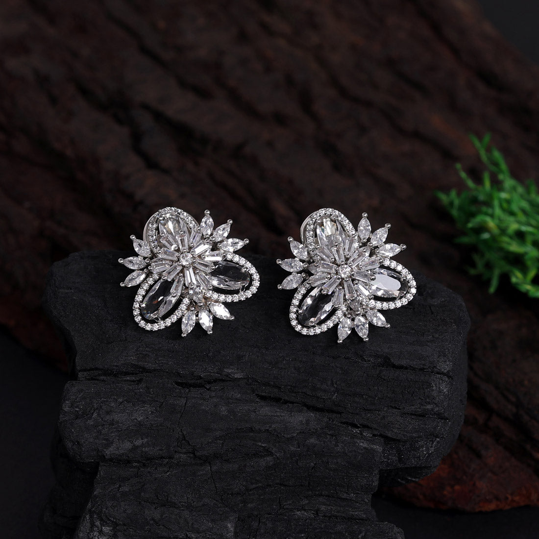 Silver Color American Diamond Stud Earrings (ADE422SLV) - preyans.com