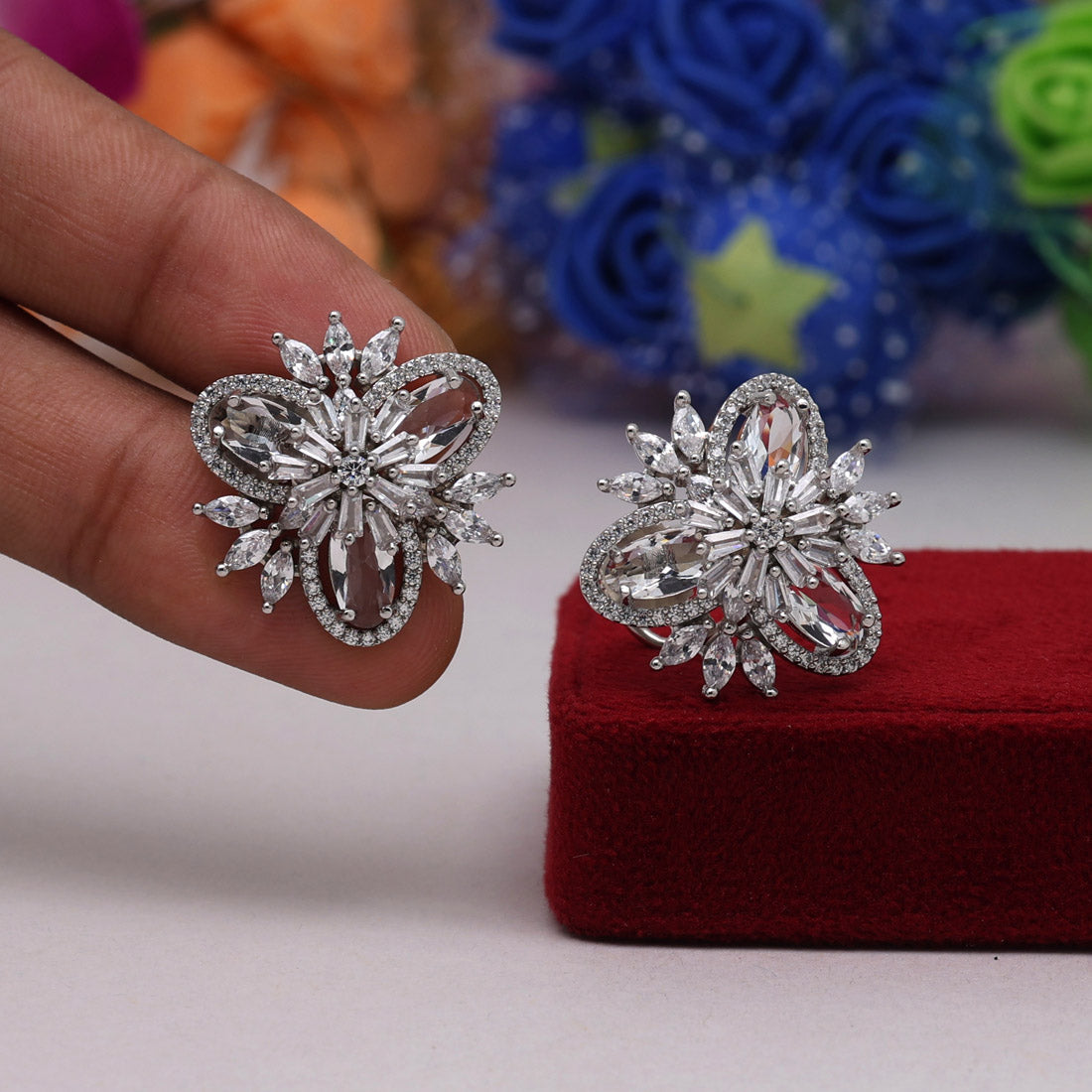 Silver Color American Diamond Stud Earrings (ADE422SLV) - preyans.com