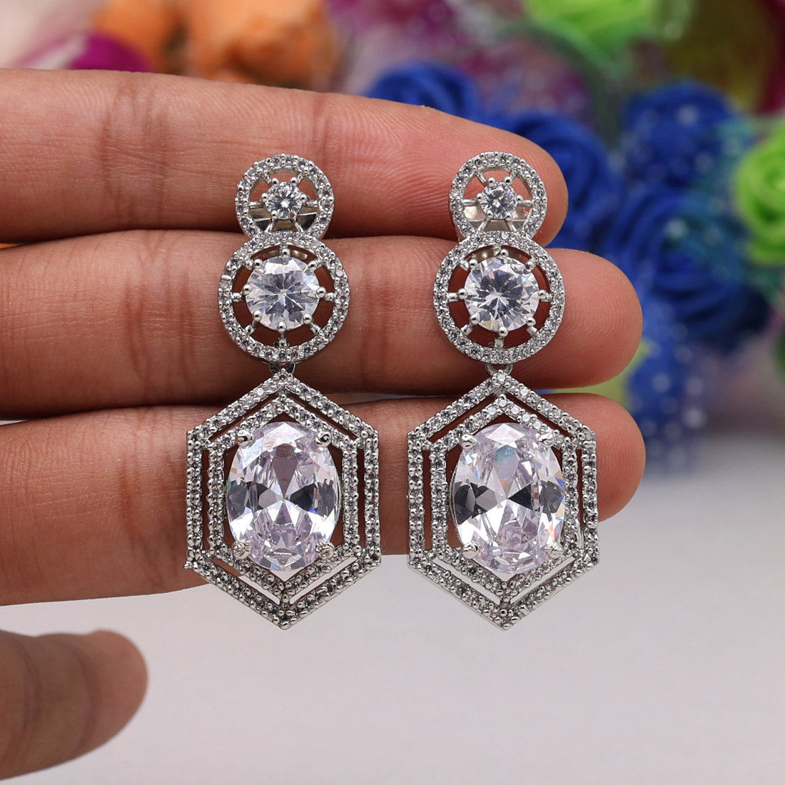 Silver Color American Diamond Earrings (ADE437SLV) - preyans.com