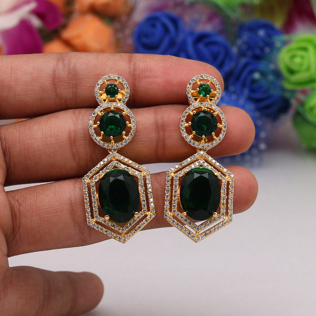 Green Color American Diamond Earrings (ADE438GRN) - preyans.com