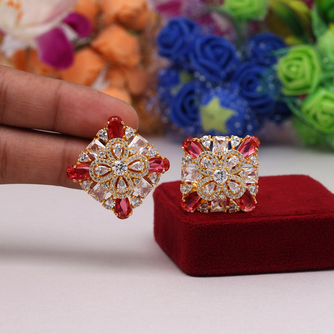 Rani Color American Diamond Stud Earrings (ADE441RNI) - preyans.com