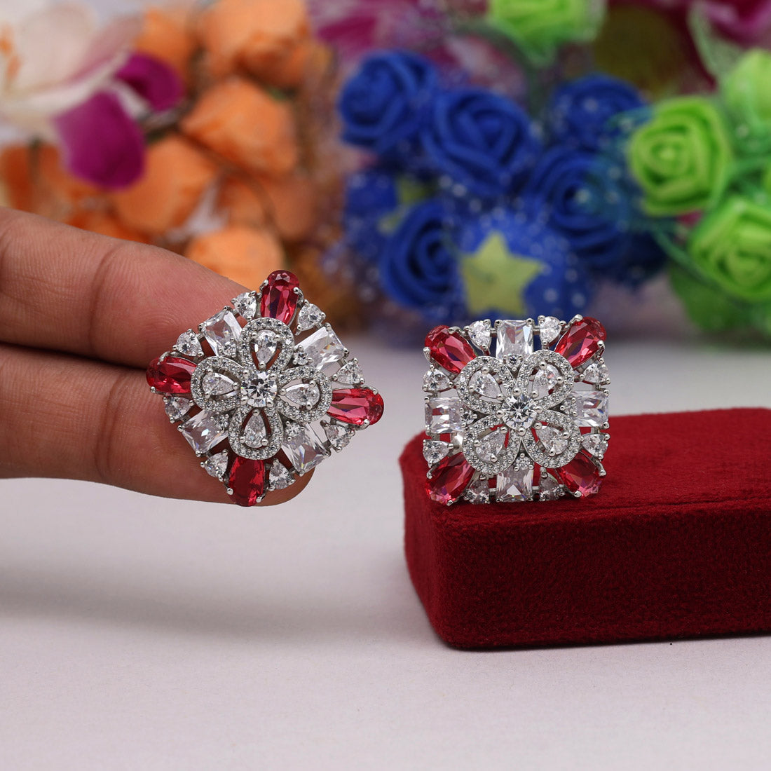 Rani Color American Diamond Stud Earrings (ADE442RNI) - preyans.com