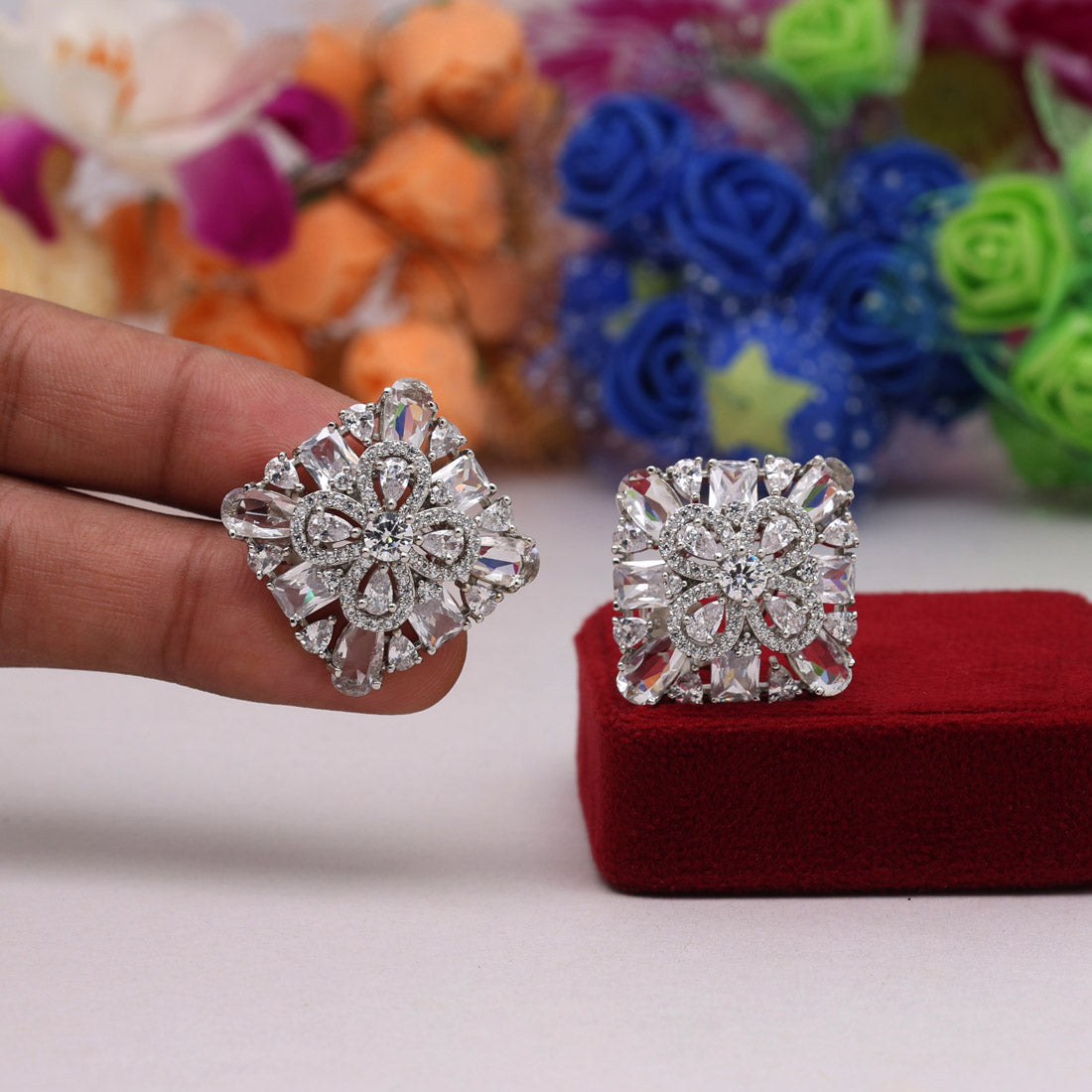 Silver Color American Diamond Stud Earrings (ADE442SLV) - preyans.com