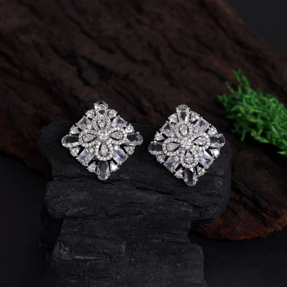 Silver Color American Diamond Stud Earrings (ADE442SLV) - preyans.com