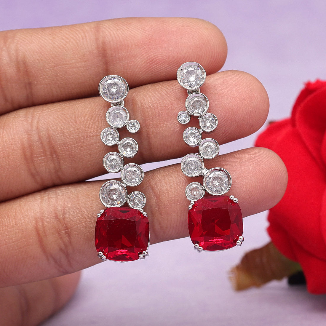 Red Color American Diamond Earrings (ADE531RED) - preyans.com