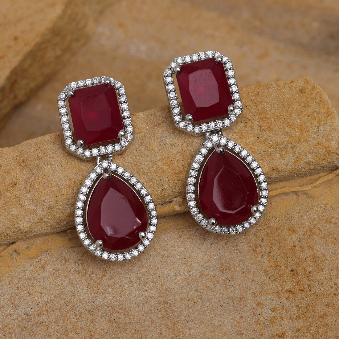 Maroon Color American Diamond Earrings (ADE532MRN) - Preyans.com