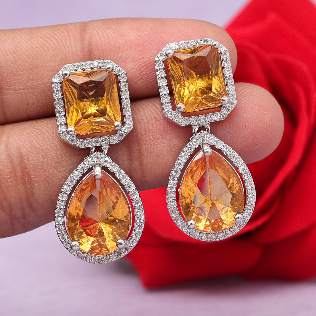 Mustard Yellow Color American Diamond Earrings (ADE532MYLW) - Preyans.com