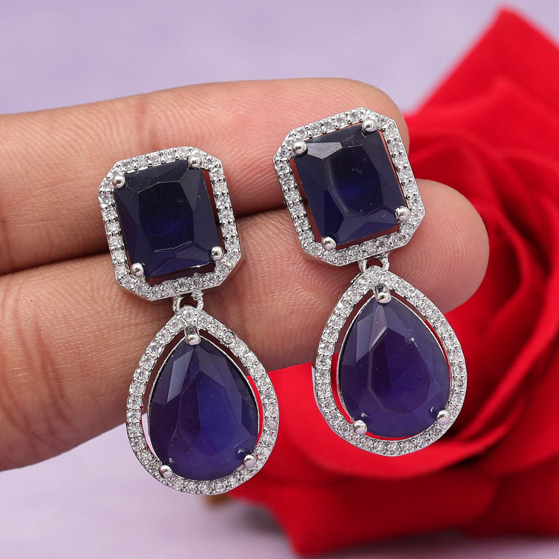 Navy Blue Color American Diamond Earrings (ADE532NBLU) - Preyans.com