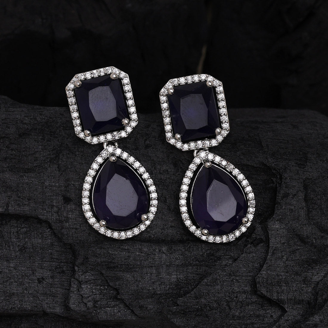 Navy Blue Color American Diamond Earrings (ADE532NBLU) - Preyans.com