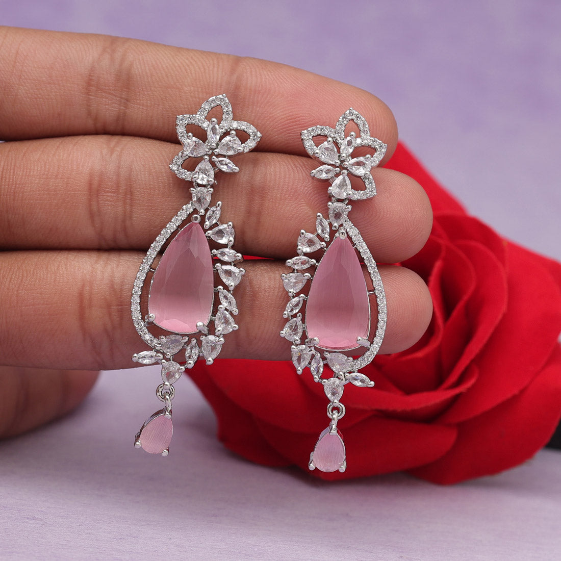 Pink Color American Diamond Earrings (ADE536PNK) - Preyans.com