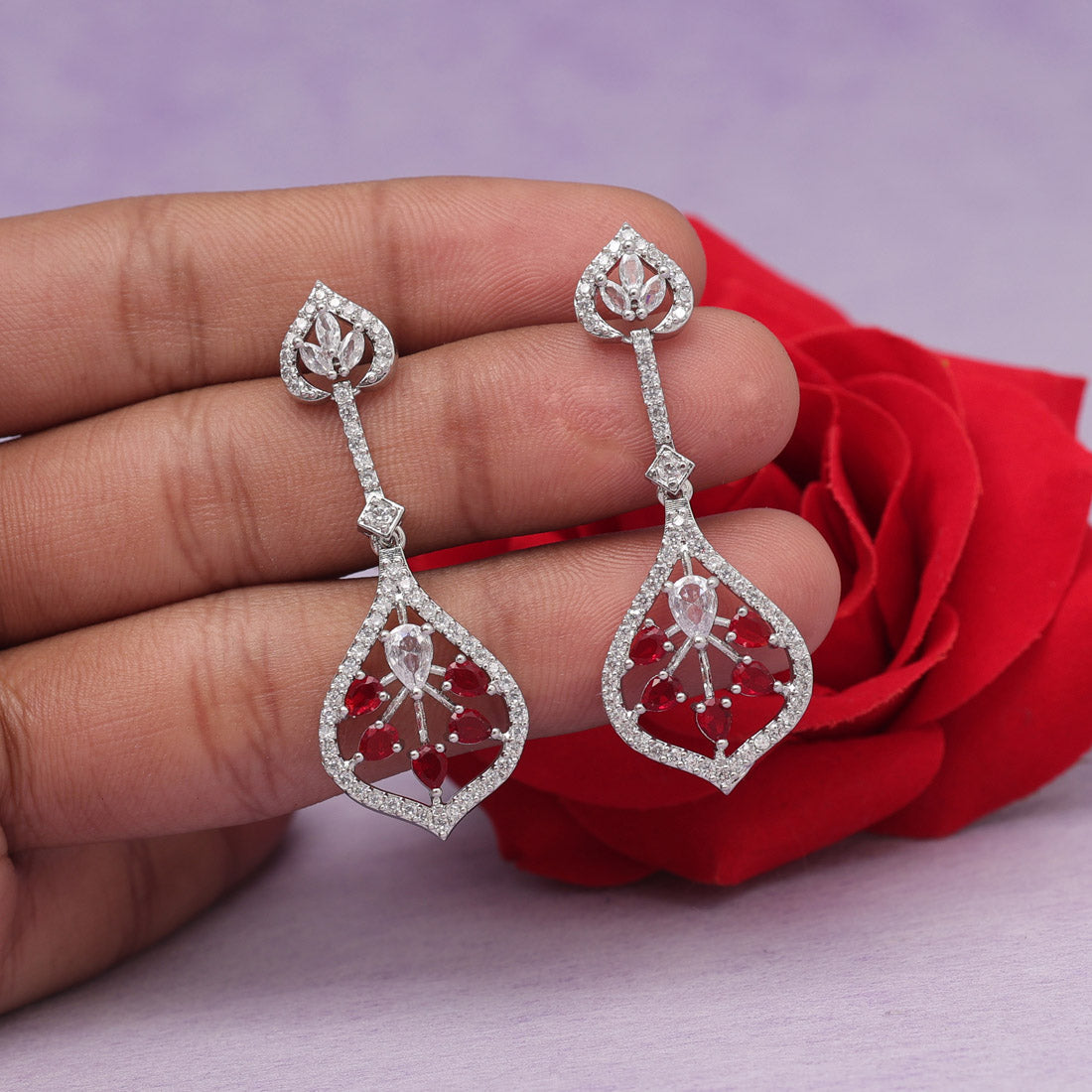 Red Color American Diamond Earrings (ADE541RED) - Preyans.com