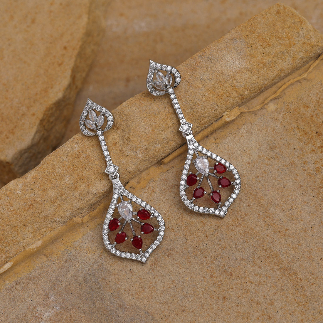 Red Color American Diamond Earrings (ADE541RED) - Preyans.com