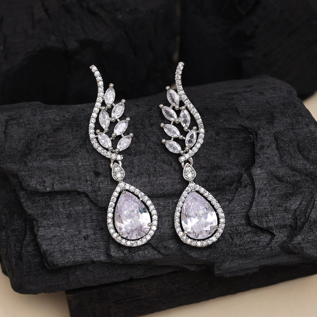 Silver Color American Diamond Earrings (ADE543SLV) - Preyans.com