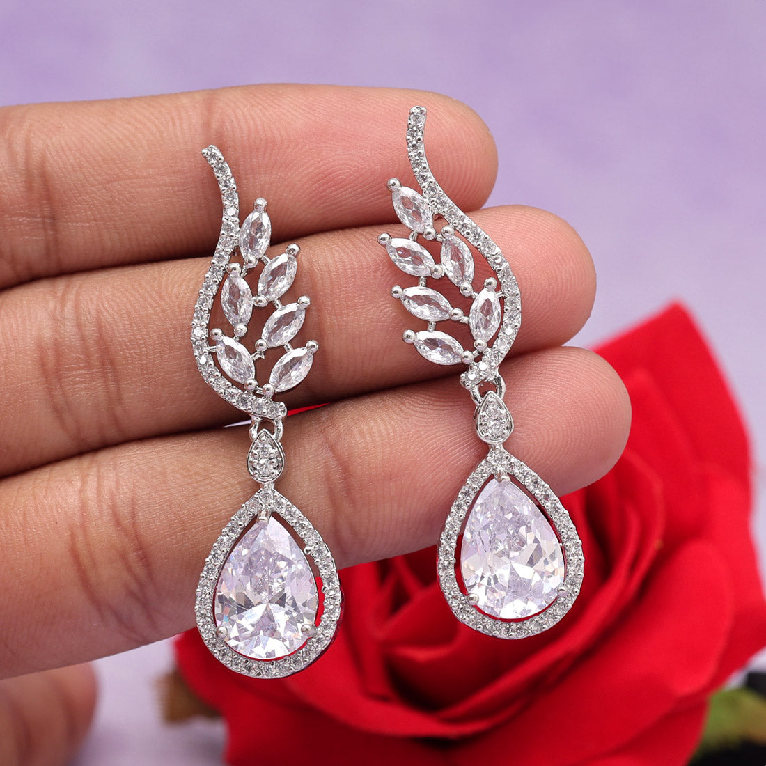 Silver Color American Diamond Earrings (ADE543SLV) - Preyans.com