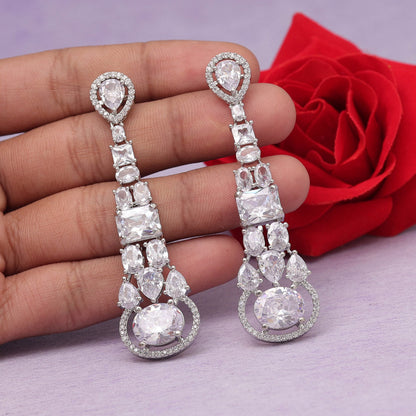 Silver Color American Diamond Earrings (ADE555SLV) - Preyans.com