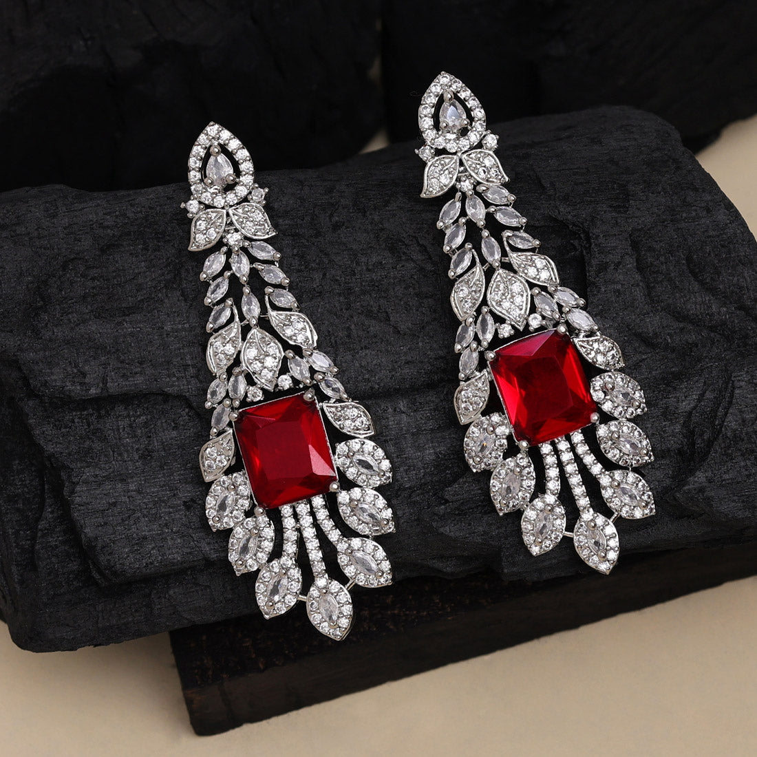 Red Color American Diamond Earrings (ADE556RED) - Preyans.com