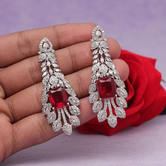 Red Color American Diamond Earrings (ADE556RED) - Preyans.com