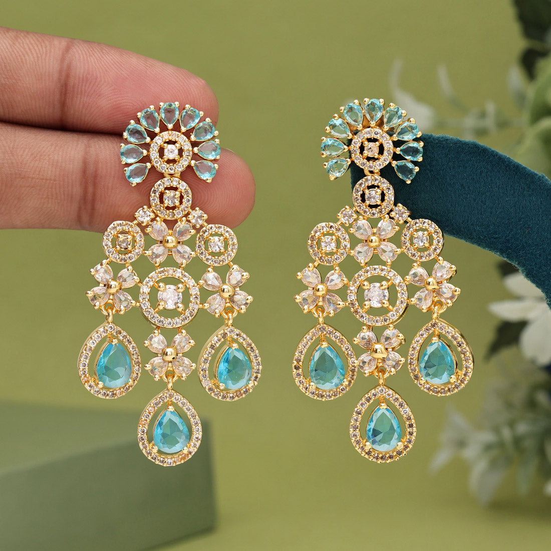 Firozi Color American Diamond Earrings (ADE564FRZ) - preyans.com