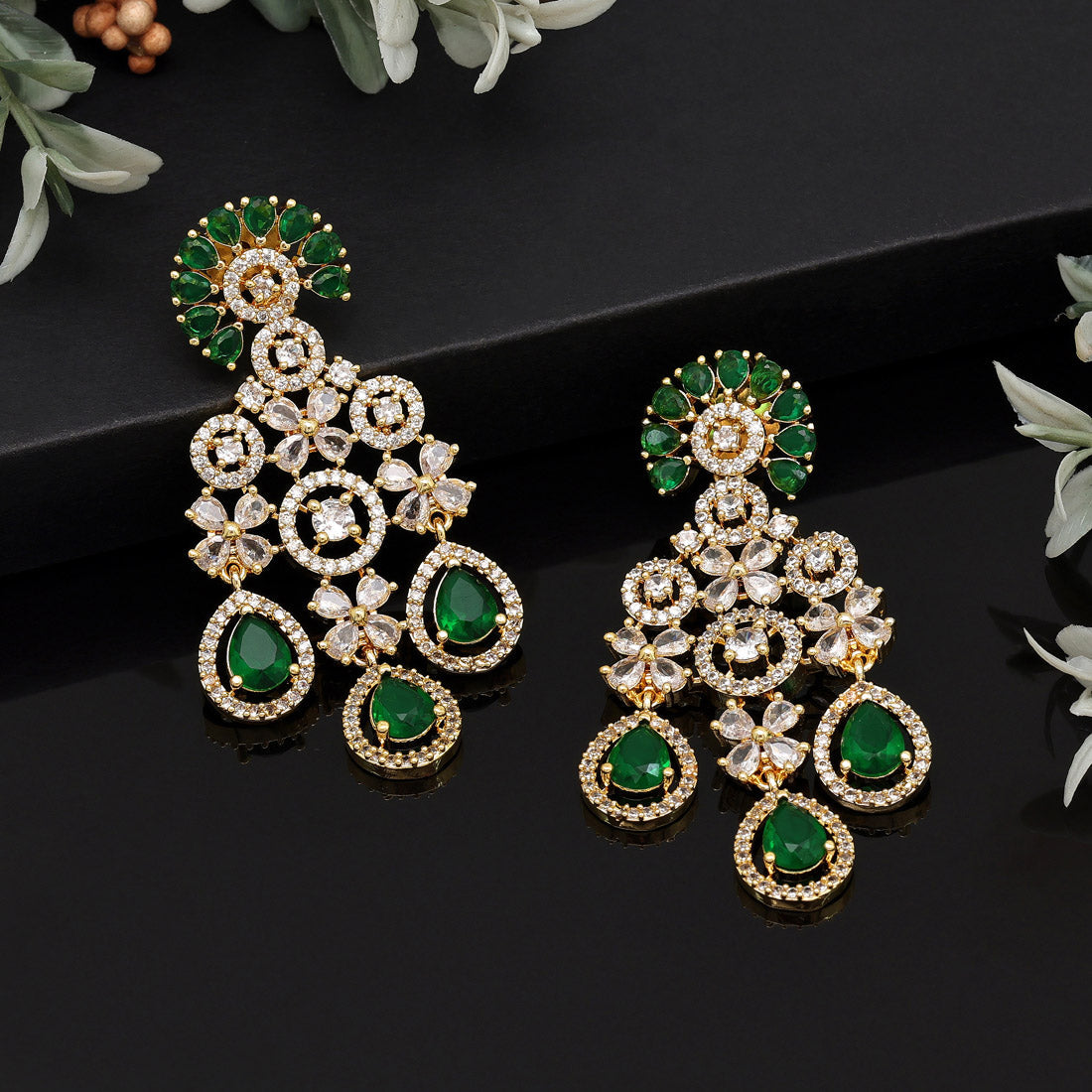 Green Color American Diamond Earrings (ADE564GRN) - Preyans.com