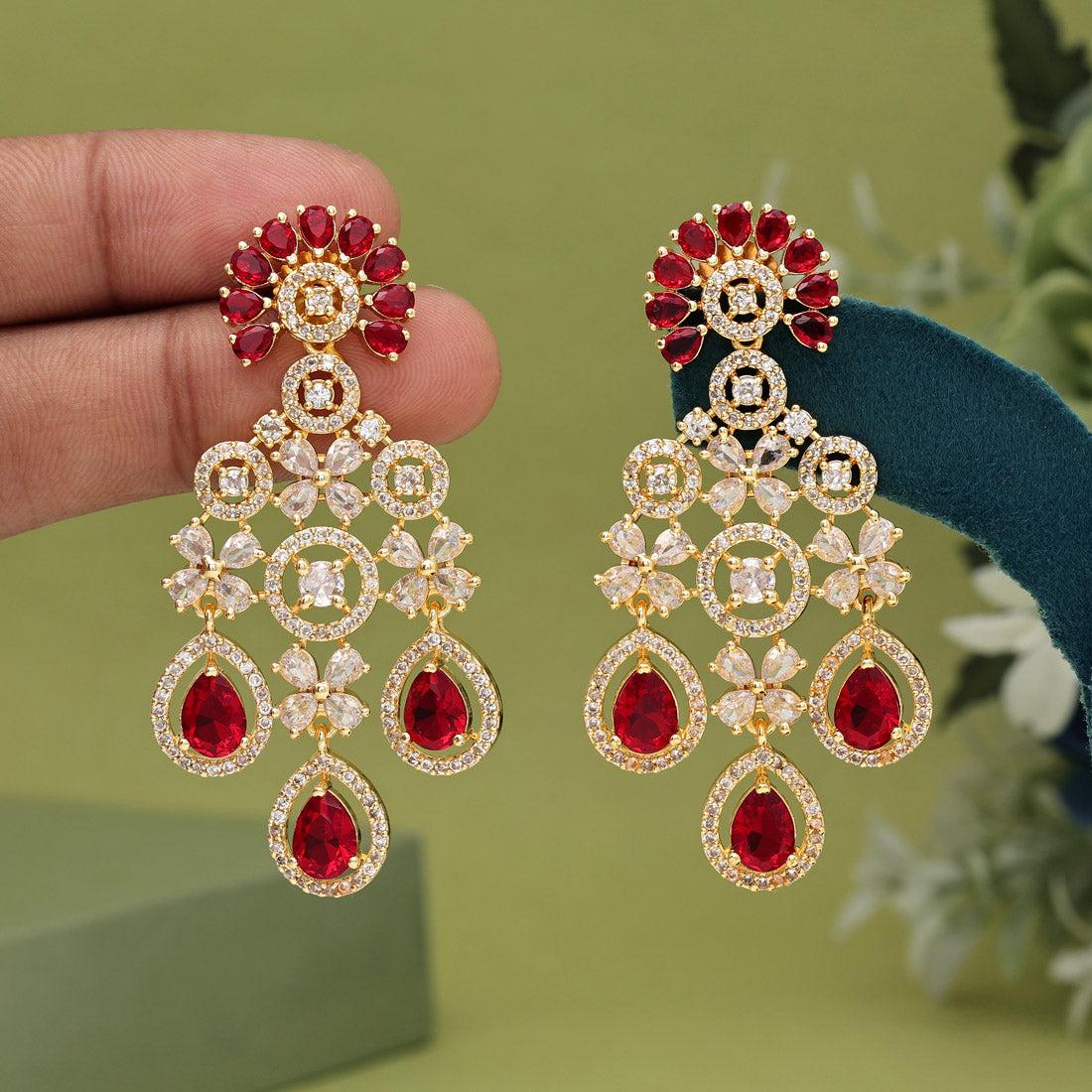 Red Color American Diamond Earrings (ADE564RED) - preyans.com