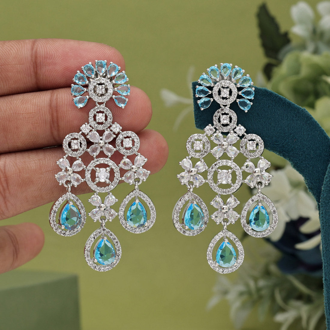 Firozi Color American Diamond Earrings (ADE565FRZ) - preyans.com