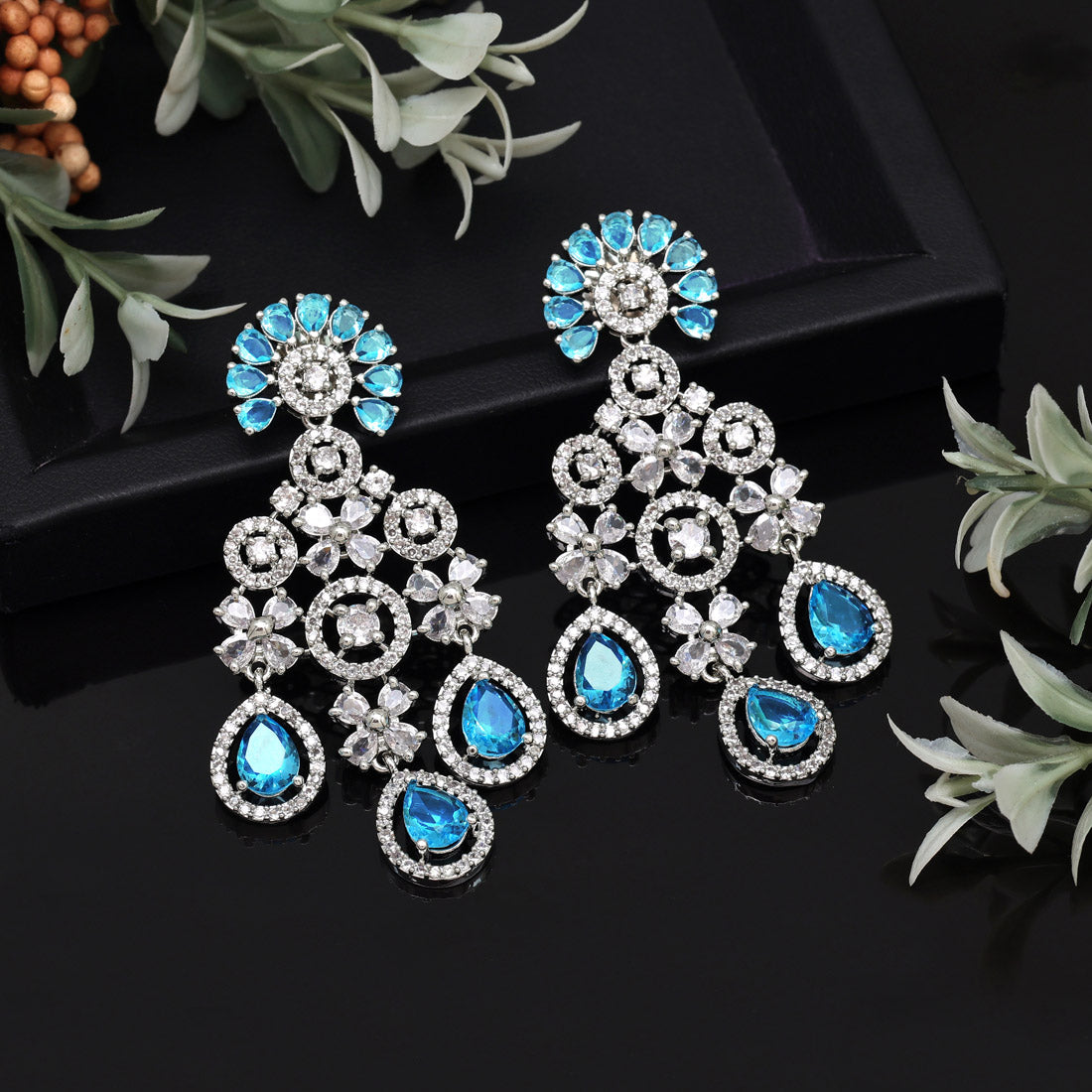 Firozi Color American Diamond Earrings (ADE565FRZ) - preyans.com