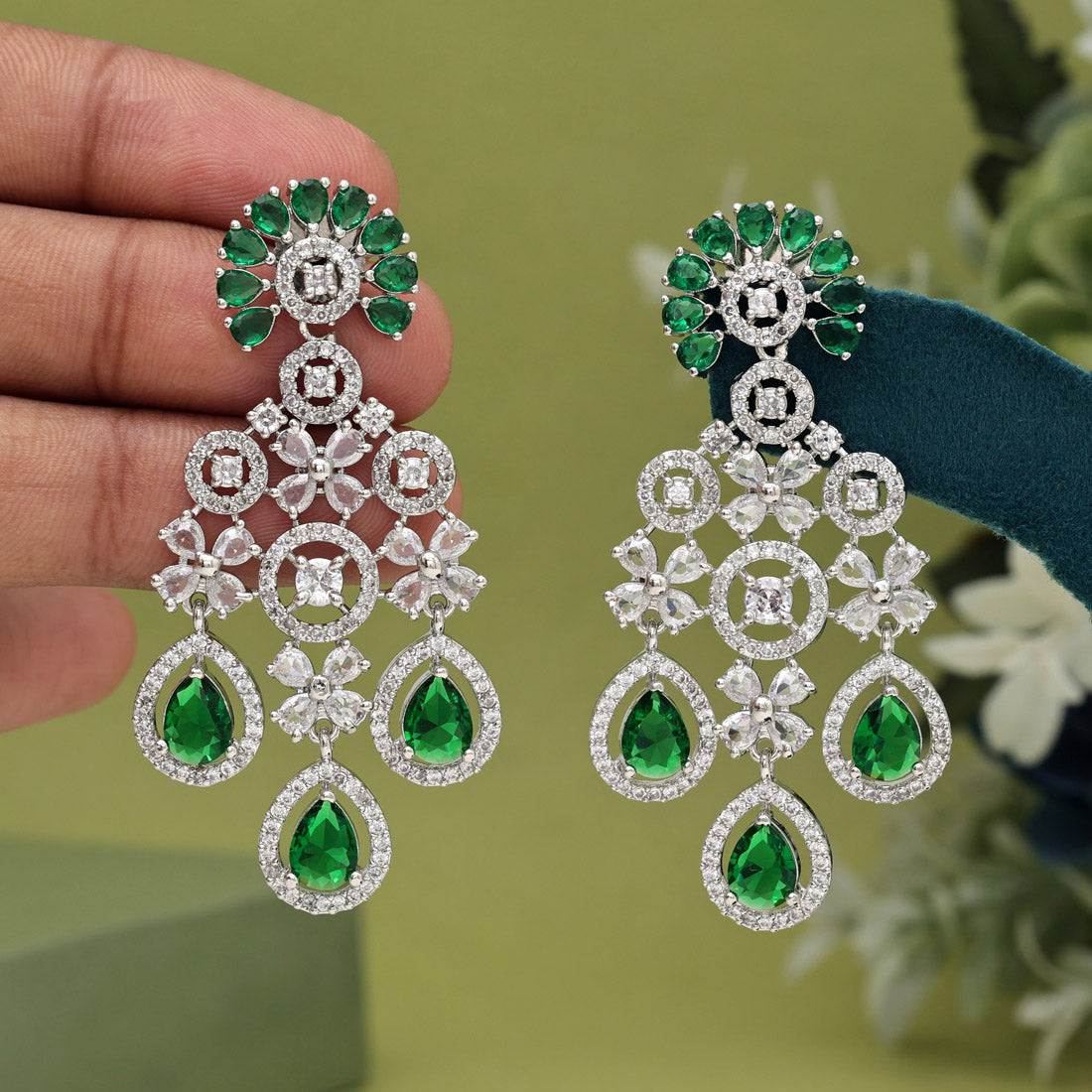 Green Color American Diamond Earrings (ADE565GRN) - Preyans.com