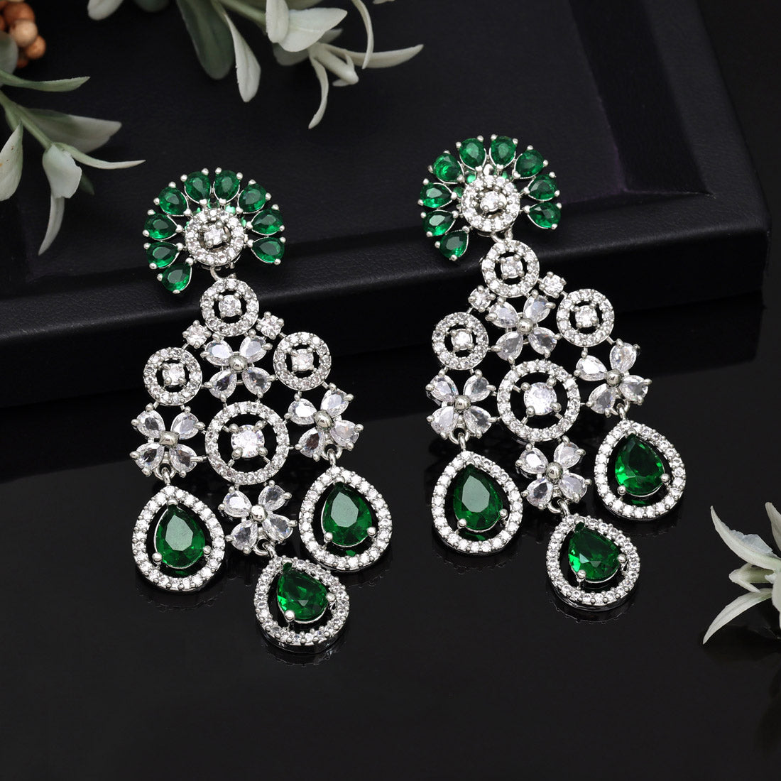 Green Color American Diamond Earrings (ADE565GRN) - Preyans.com