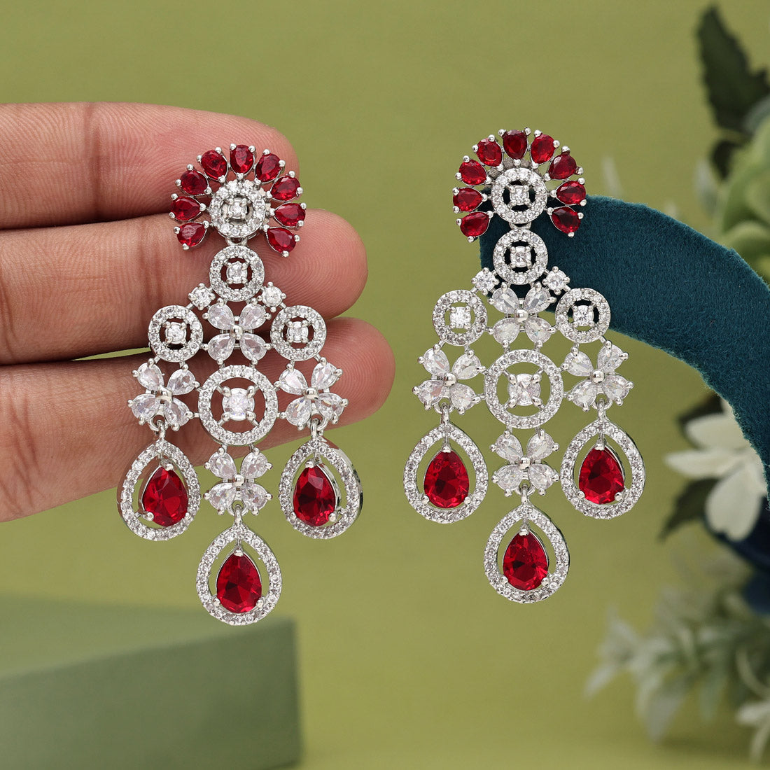 Red Color American Diamond Earrings (ADE565RED) - Preyans.com