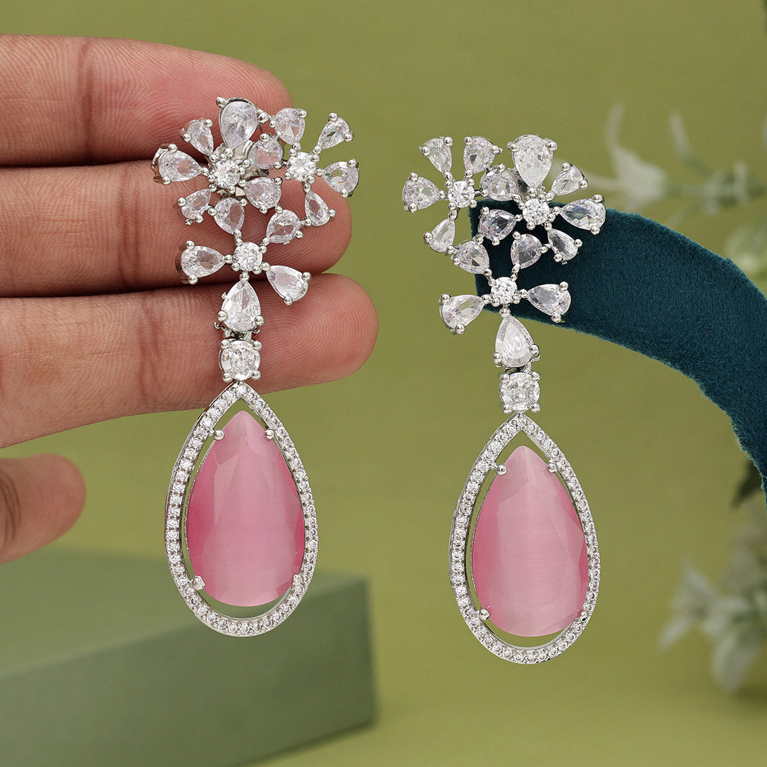 Pink Color American Diamond Earrings (ADE566PNK) - preyans.com