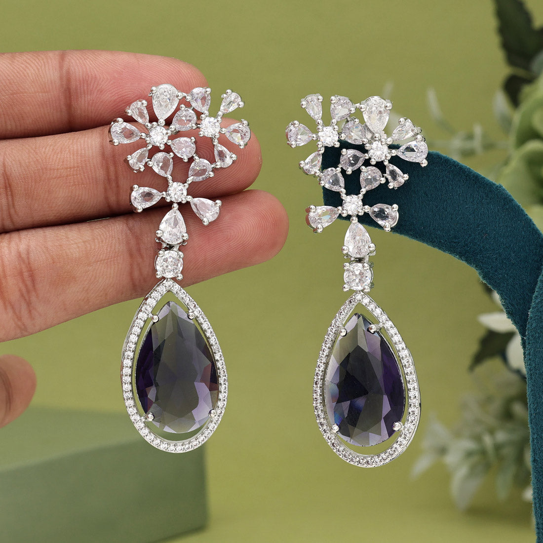 Purple Color American Diamond Earrings (ADE566PRP) - preyans.com