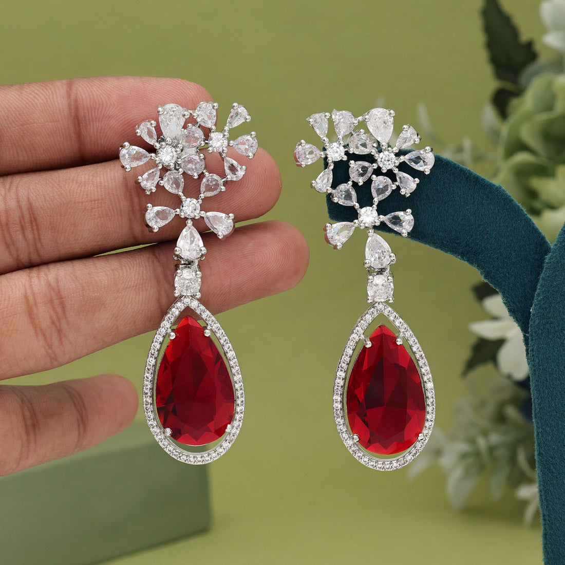 Red Color American Diamond Earrings (ADE566RED) - preyans.com