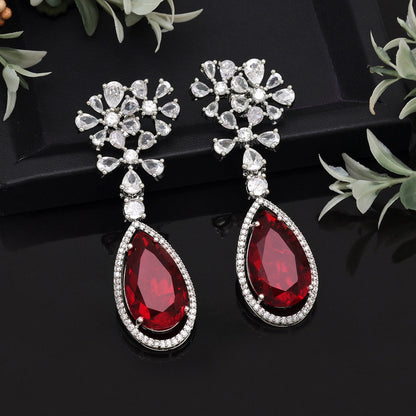 Red Color American Diamond Earrings (ADE566RED) - preyans.com