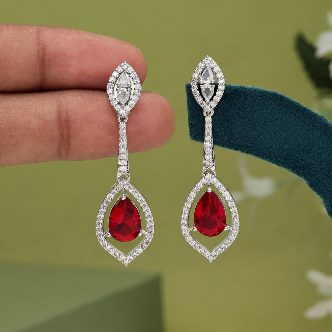 Red Color American Diamond Earrings (ADE567RED) - Preyans.com